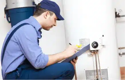 Technician inspecting a water heater with a checklist in hand, wearing a blue uniform and cap.