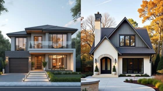 simple house plans Two modern homes side by side: on the left, a sleek two-story house; on the right, a charming cottage-style home. | Sky Rye Design Two modern homes side by side: on the left, a sleek two-story house; on the right, a charming cottage-style home.