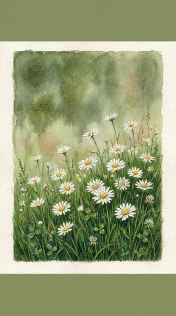Watercolor daisy painting: white daisies and green grass in a soft wildflower meadow, botanical spring art print