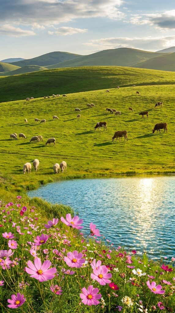 Sunlit pastoral landscape with pink wildflowers by a pond and grazing sheep and cows on green rolling hills