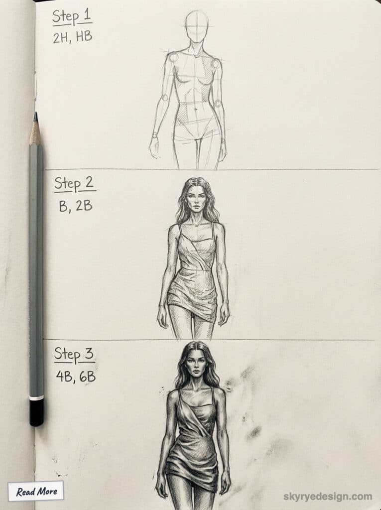 Drawing tutorial: Three steps to sketch a detailed female figure with different pencil grades from outline to shading.