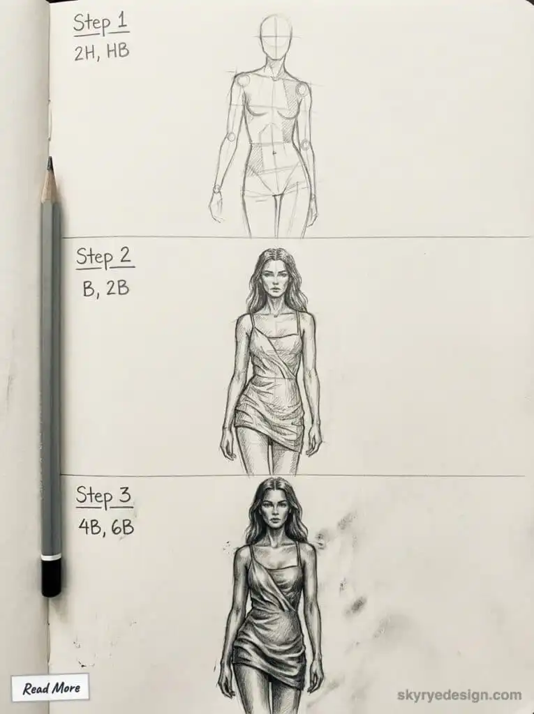 sketch-figure Drawing tutorial: Three steps to sketch a detailed female figure with different pencil grades from outline to shading. | Sky Rye Design Drawing tutorial: Three steps to sketch a detailed female figure with different pencil grades from outline to shading.