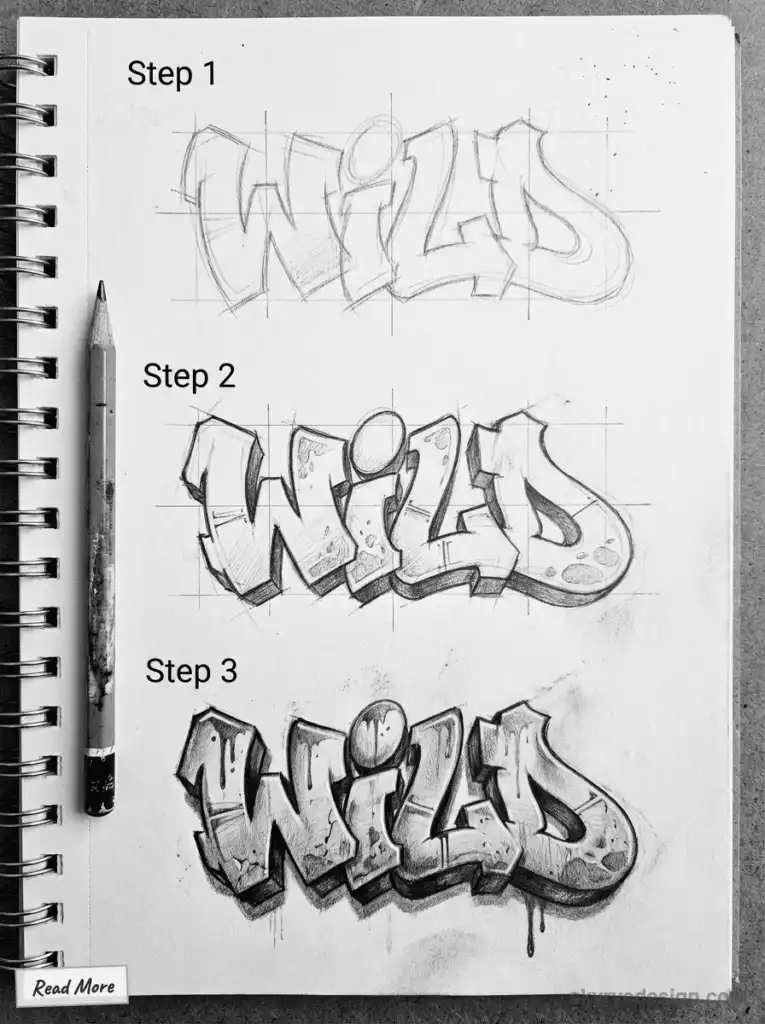 Step-by-step pencil sketch of graffiti text WILD in three stages on sketchbook with pencil.