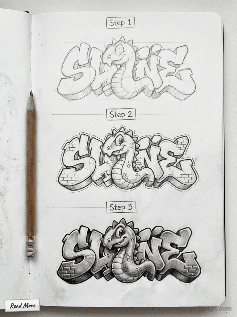 sketch-tutorial - 2026-01-13T205807097 Graffiti drawing tutorial showing step-by-step stages of a snake-themed artwork with a pencil beside the sketches. | Sky Rye Design Graffiti drawing tutorial showing step-by-step stages of a snake-themed artwork with a pencil beside the sketches.