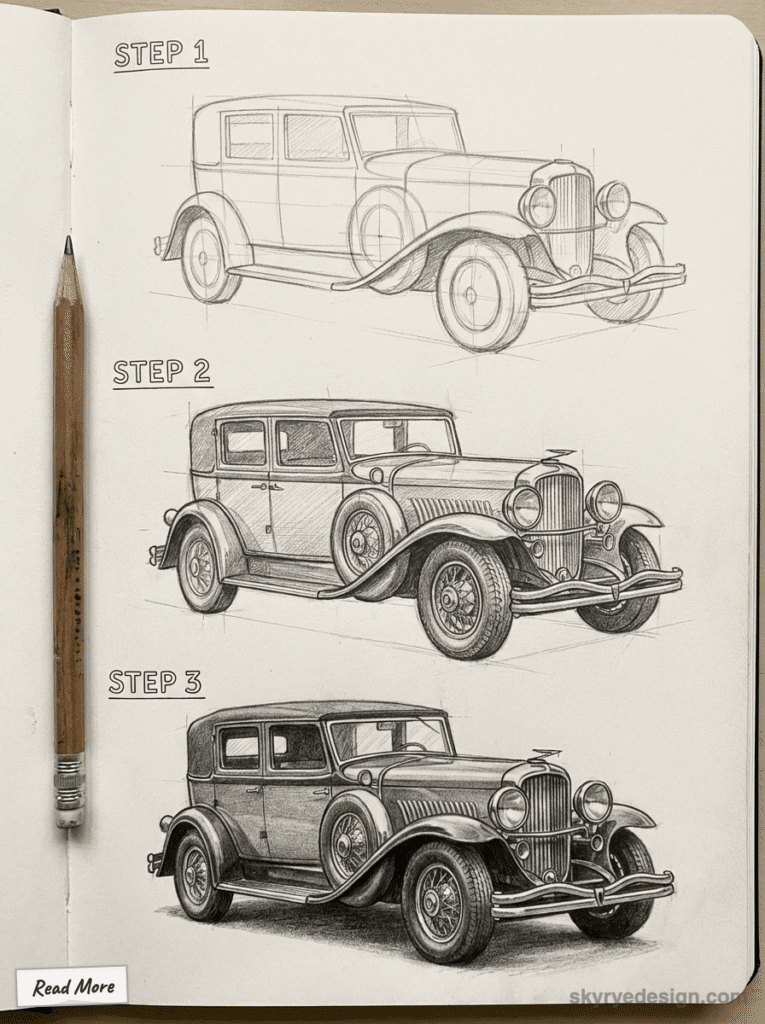 Vintage car drawing process in three steps: sketch, outline, and shading, displayed on sketchbook with pencil.