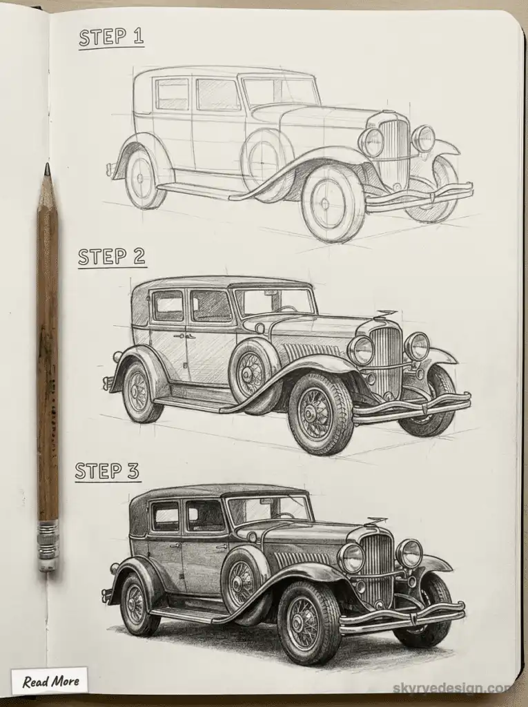 Vintage car drawing process in three steps: sketch, outline, and shading, displayed on sketchbook with pencil.