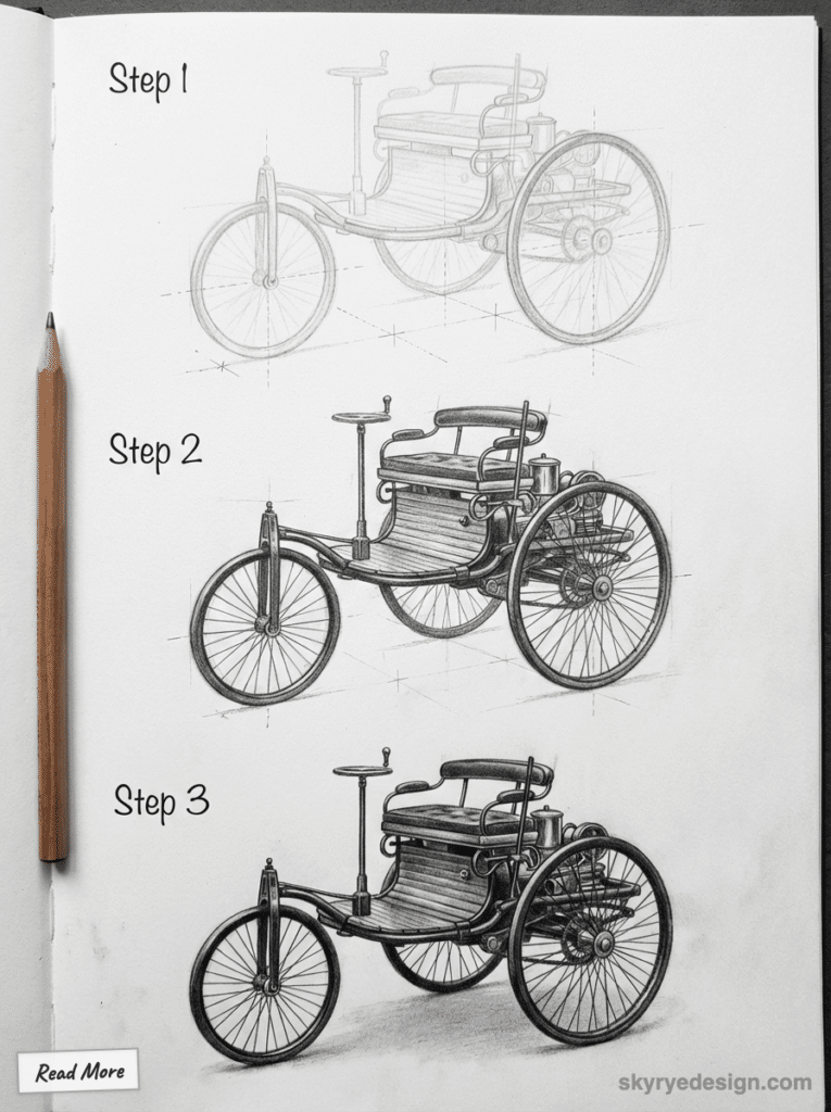 Illustrated evolution of a vintage tricycle design in three steps, with detailed pencil sketches showcasing progression.