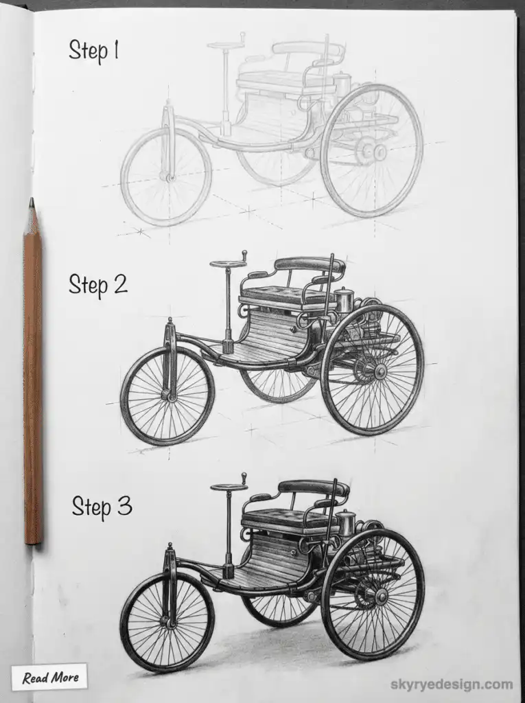Illustrated evolution of a vintage tricycle design in three steps, with detailed pencil sketches showcasing progression.