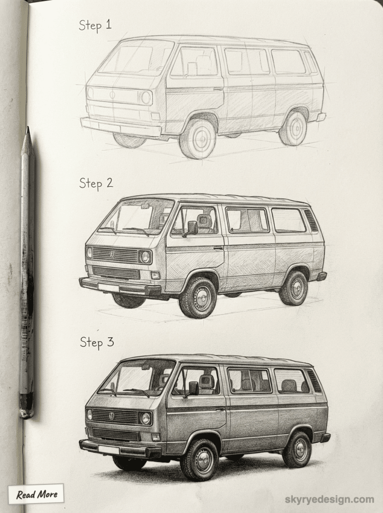 Step-by-step pencil sketch progression of a vintage van, showing detailed enhancements from initial outline to finished