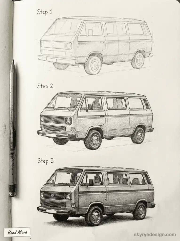 Step-by-step pencil sketch progression of a vintage van, showing detailed enhancements from initial outline to finished