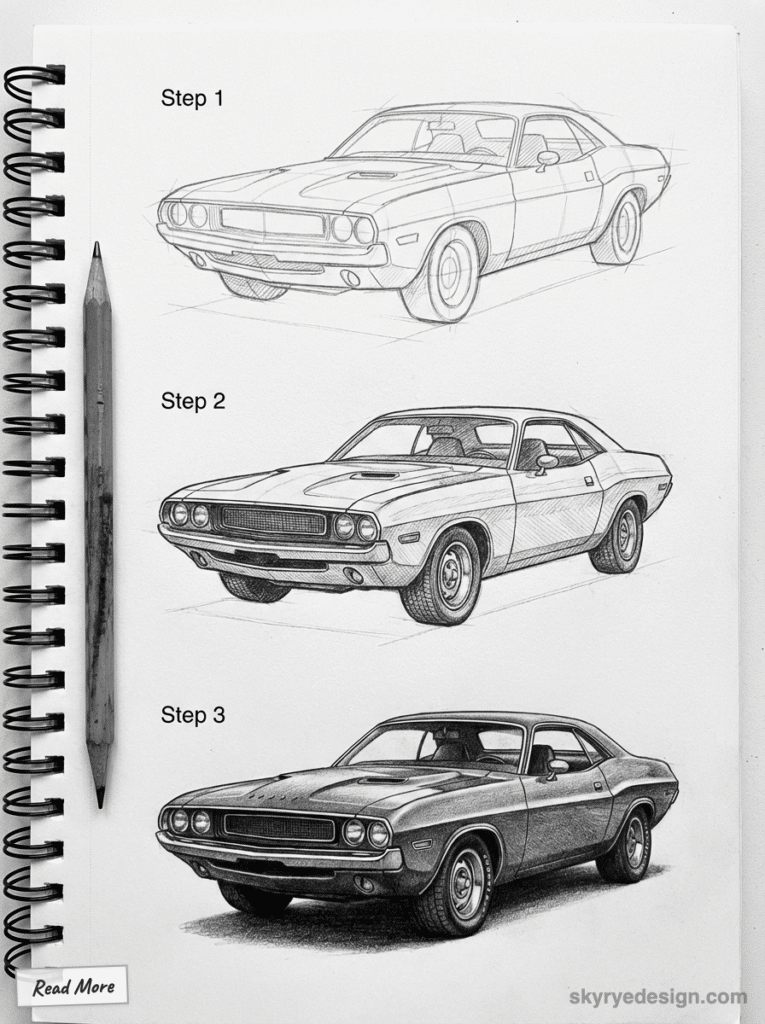 Step-by-step guide to drawing a classic car with pencil shading on sketchbook, showcasing artistic progression from outline