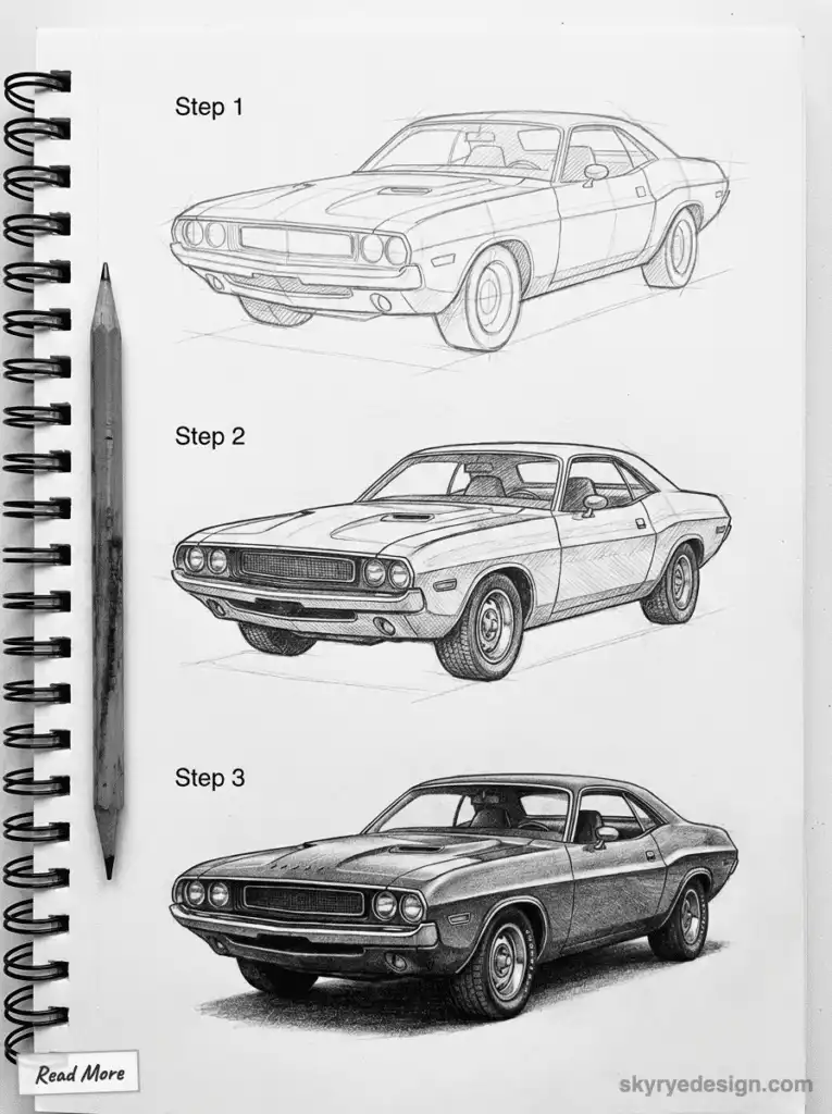 Step-by-step guide to drawing a classic car with pencil shading on sketchbook, showcasing artistic progression from outline