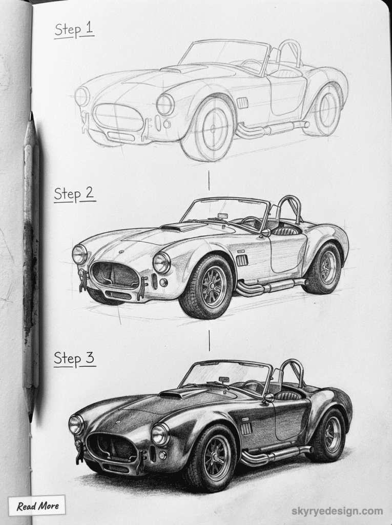Illustrated step-by-step guide of drawing a classic car from sketch to detail, featuring a pencil on the side.