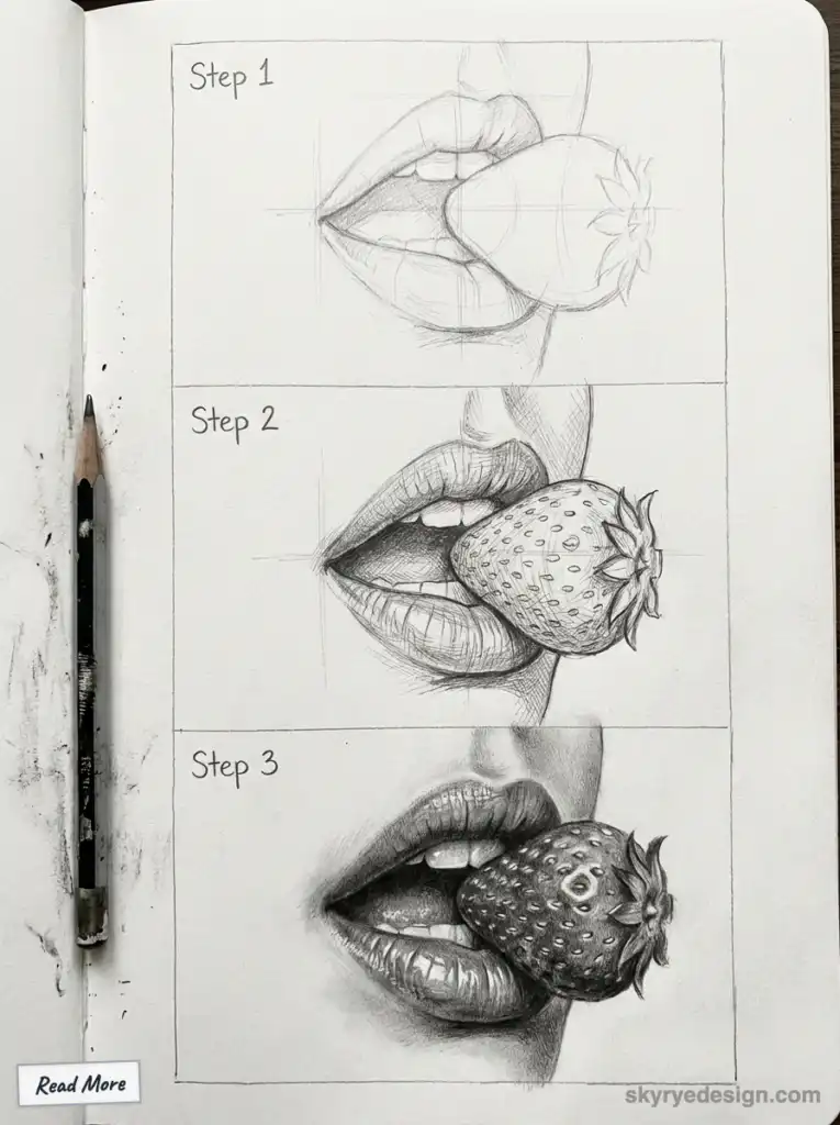 Pencil drawing tutorial: step-by-step guide to sketch realistic lips holding a strawberry, with detailed shading and texture.