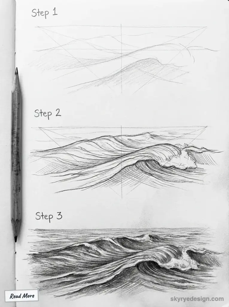 Pencil wave drawing tutorial: three-step sketch of ocean waves from rough guides to detailed shaded final, pencil at left.