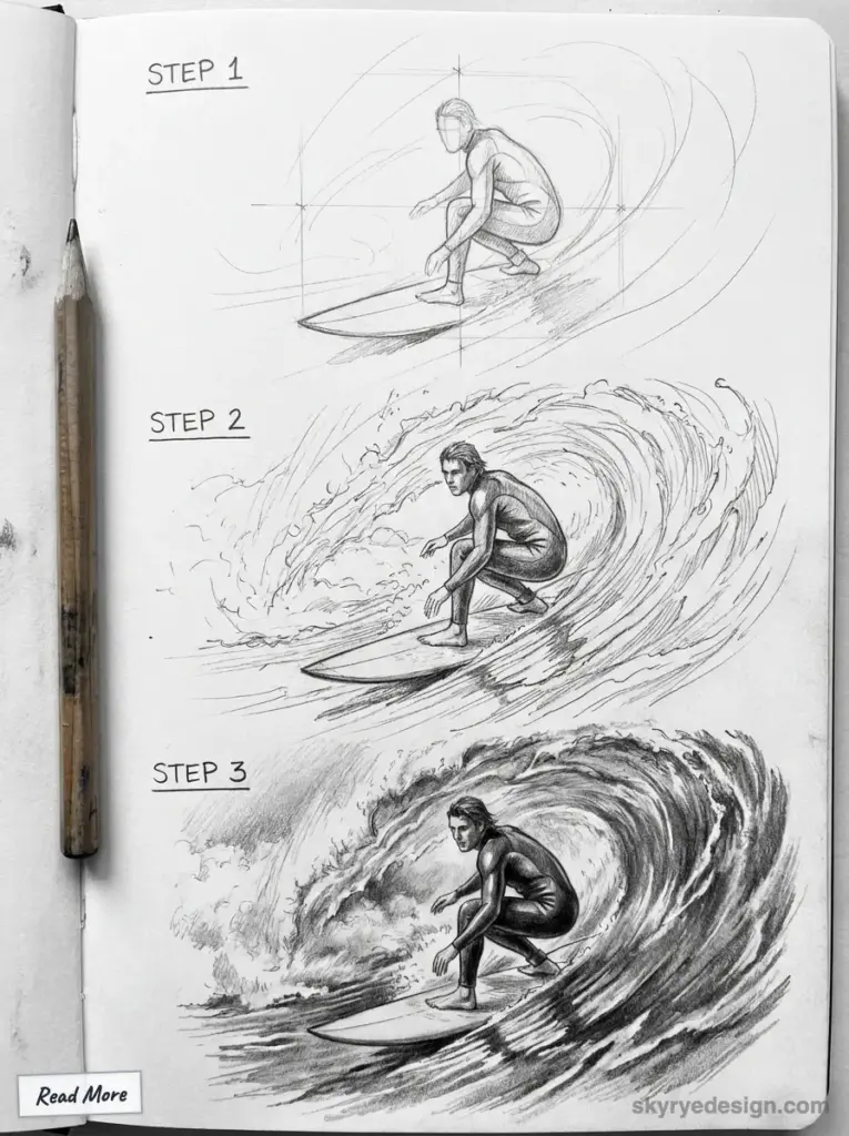 Step-by-step pencil drawing tutorial of a surfer riding a wave in three stages on a sketchbook page Waves Drawing