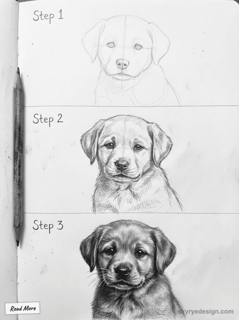 Sketch progression of a puppy in three steps, from outline to realistic drawing, accompanied by a pencil. Steps labeled 1 to 3.