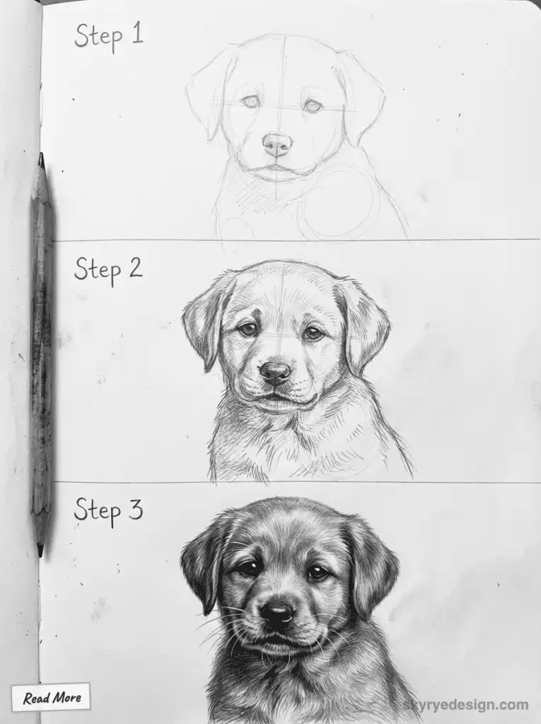 Sketch progression of a puppy in three steps, from outline to realistic drawing, accompanied by a pencil. Steps labeled 1 to 3.