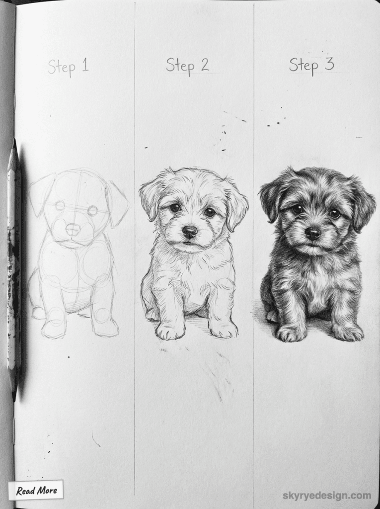Three-step puppy drawing guide: sketch outline, add details, and finalize with shading. Perfect for beginner artists.