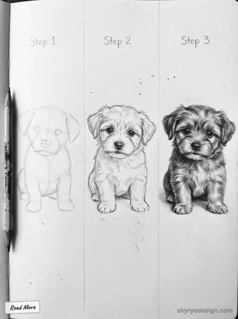 Three-step puppy drawing guide: sketch outline, add details, and finalize with shading. Perfect for beginner artists.