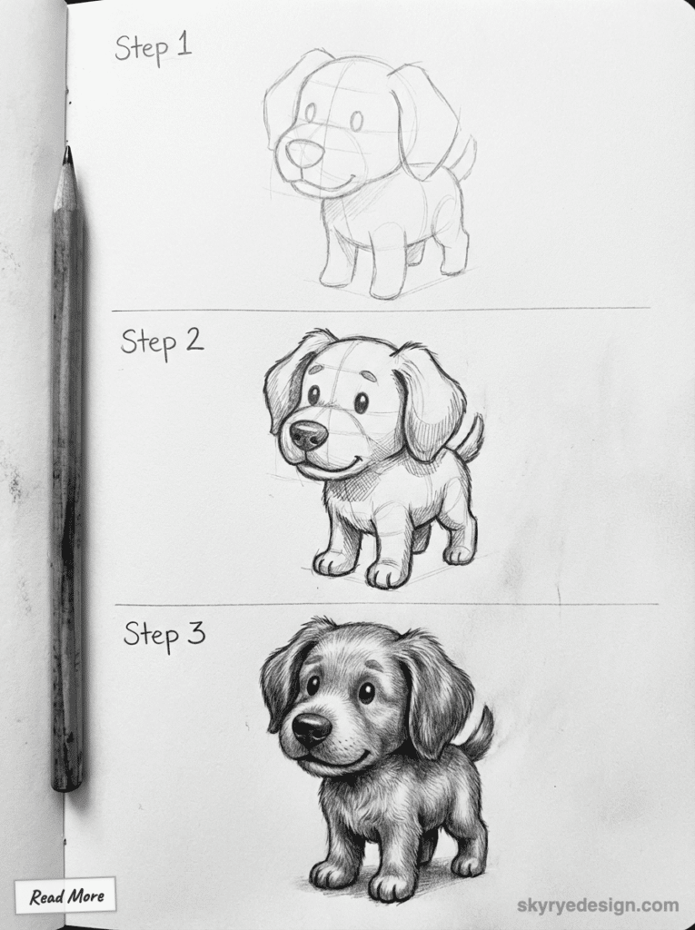 Step-by-step guide to drawing a cute puppy: rough sketch to detailed shading, showing artistic progression with a pencil.