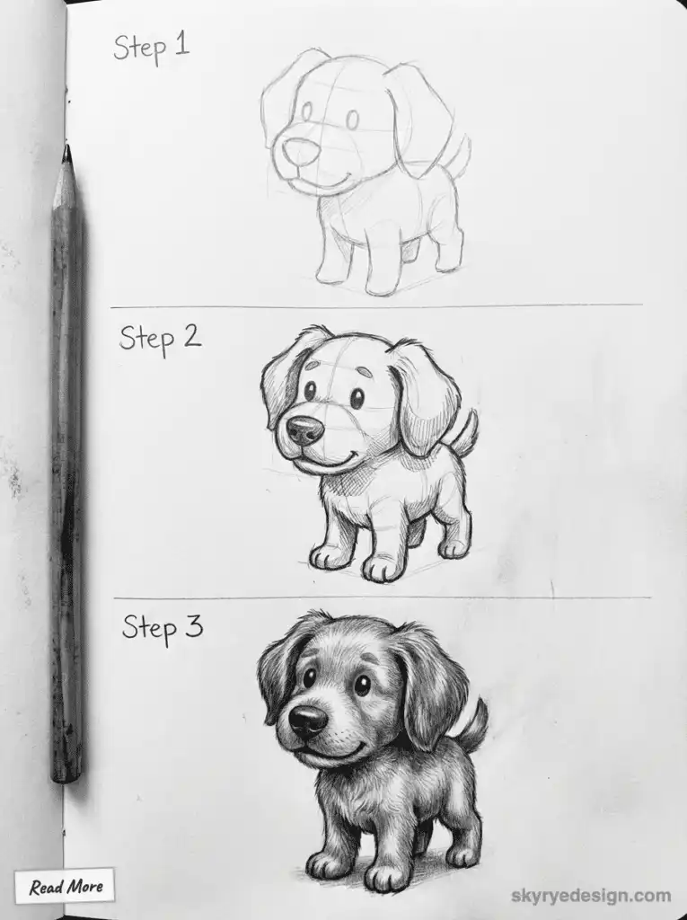 Step-by-step guide to drawing a cute puppy: rough sketch to detailed shading, showing artistic progression with a pencil.