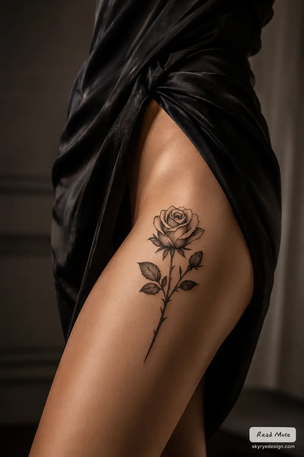 Realistic black-ink rose tattoo with long stem and leaves on upper thigh, model wearing draped black fabric.