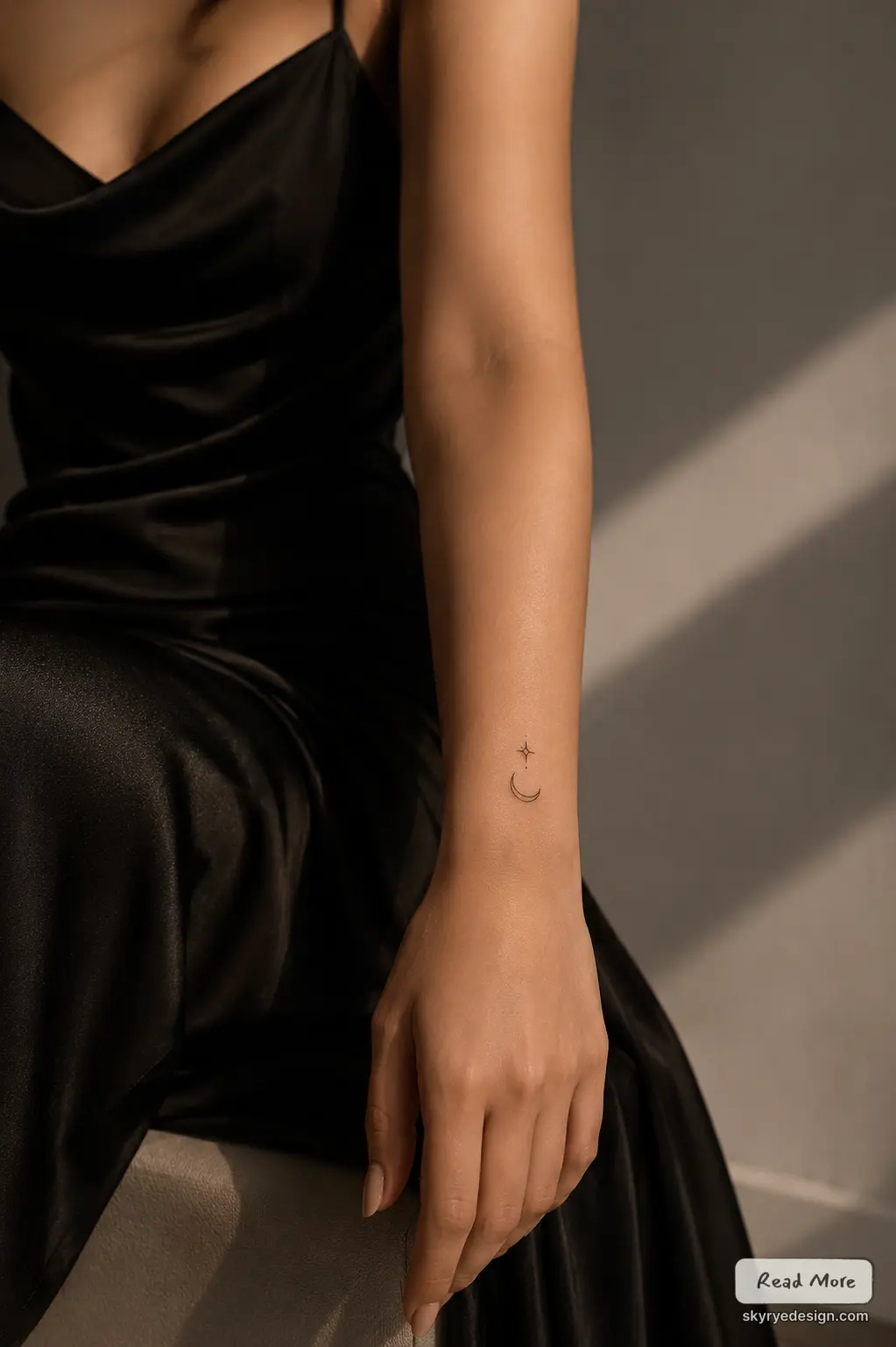 Close-up of forearm with minimalist crescent moon and star tattoo, elegant black satin dress
