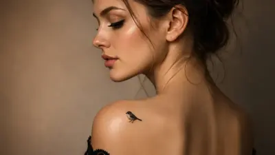 Elegant profile portrait of woman with small realistic bird tattoo on shoulder against neutral background