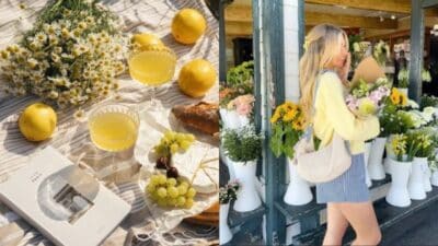 A sunny picnic with flowers, lemons, and juice beside a woman holding a bouquet at a vibrant flower shop.