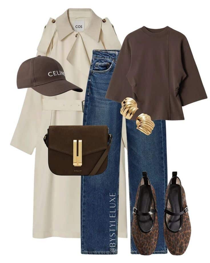 Stylish trench coat outfit with jeans, brown top, cap, gold earrings, crossbody bag, and leopard-print shoes.