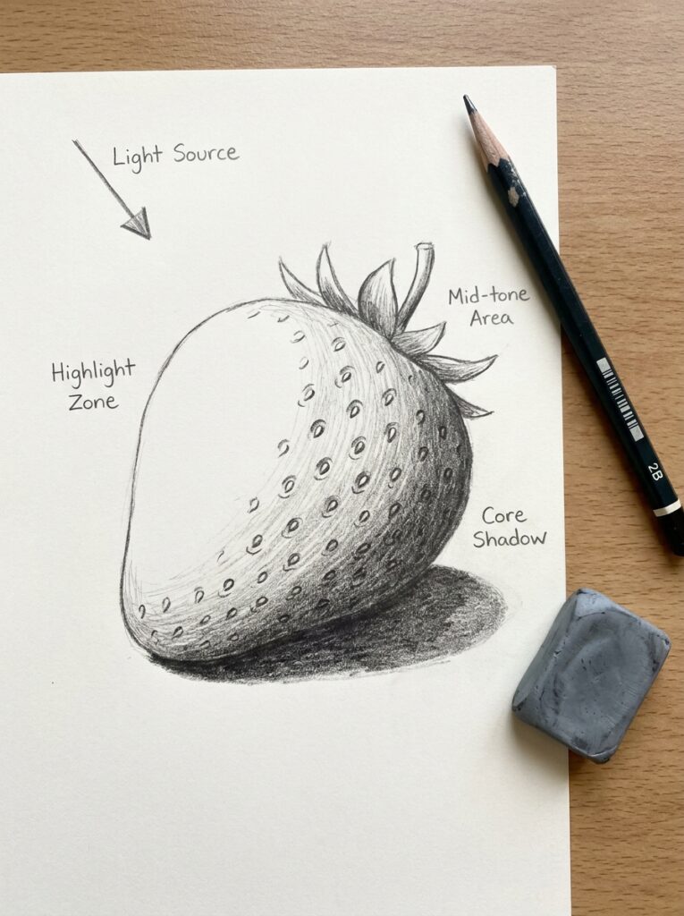 Pencil sketch diagram of a shaded strawberry with labeled highlight, mid-tone, core shadow, pencil and eraser