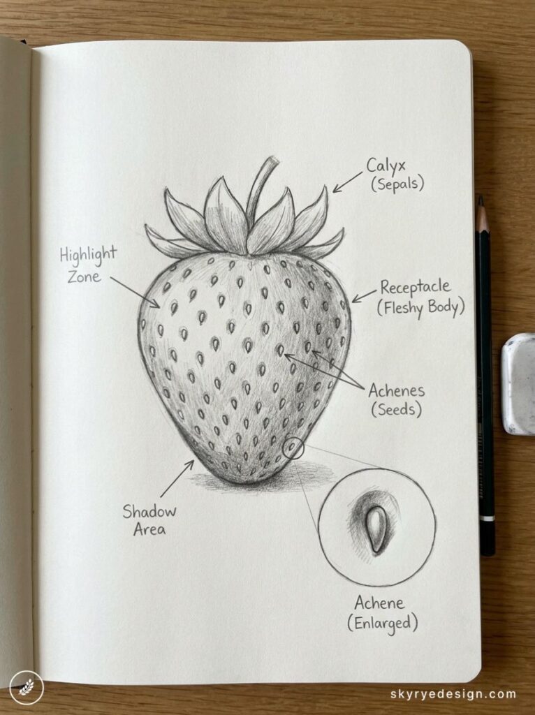 Hand-drawn pencil sketch of labeled strawberry botanical diagram showing calyx, receptacle, achenes in sketchbook