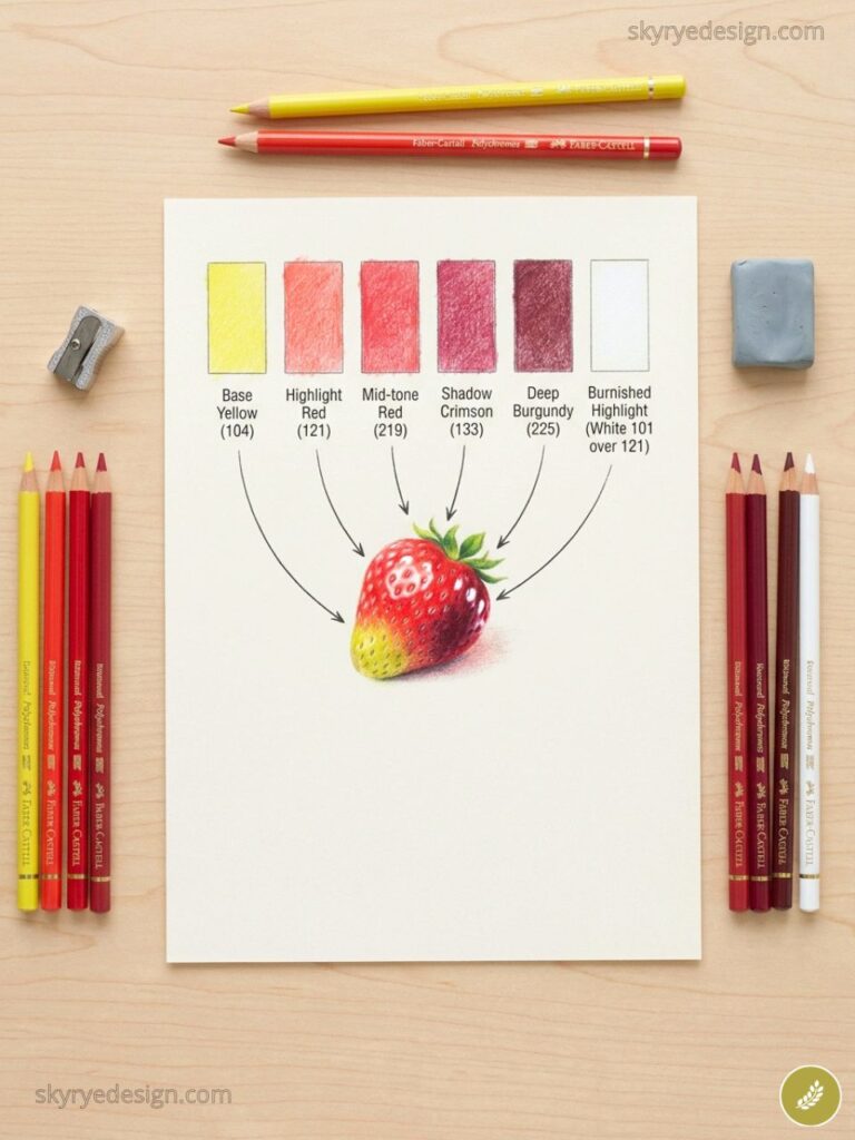 Top-down view of colored pencils and a tutorial sheet mapping color swatches to a colored pencil strawberry illustration