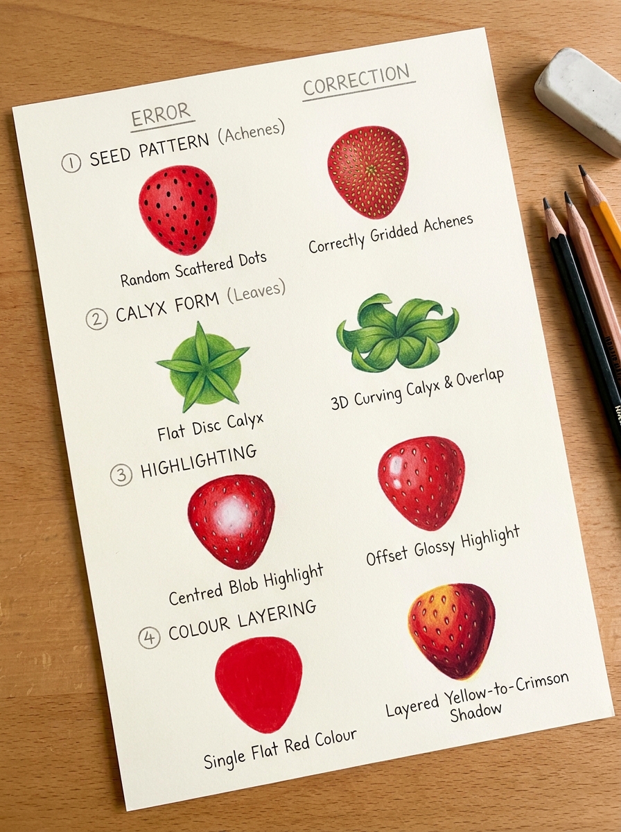 Colored-pencil strawberry drawing sheet: common errors vs corrections — seeds, calyx, highlights, color layering