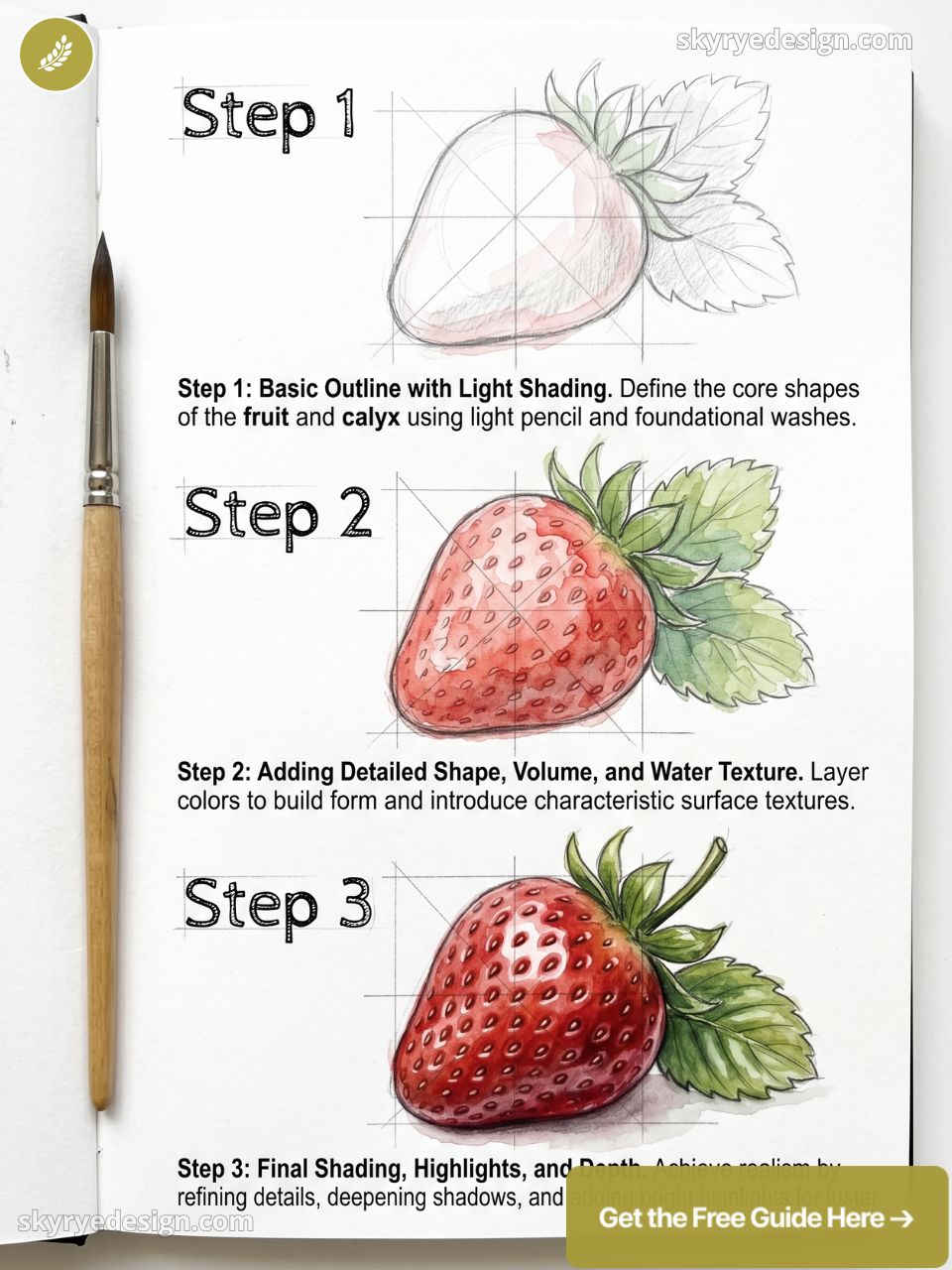 Step-by-step watercolor strawberry tutorial showing sketch, layered color, and final shading with brush and leaves