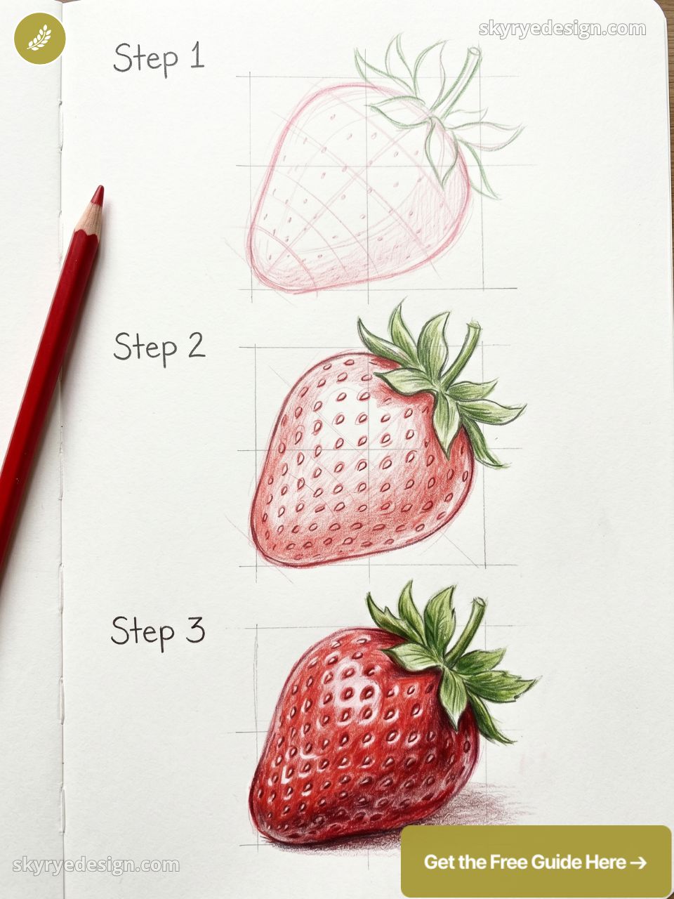 Step-by-step colored pencil strawberry drawing tutorial showing grid sketch, mid-tone shading, and final realistic rendering