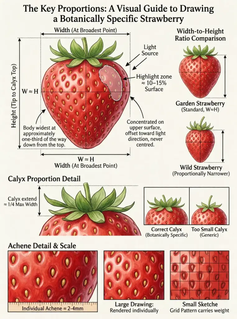 Visual guide to drawing a botanically accurate strawberry: proportions, calyx and achene detail.