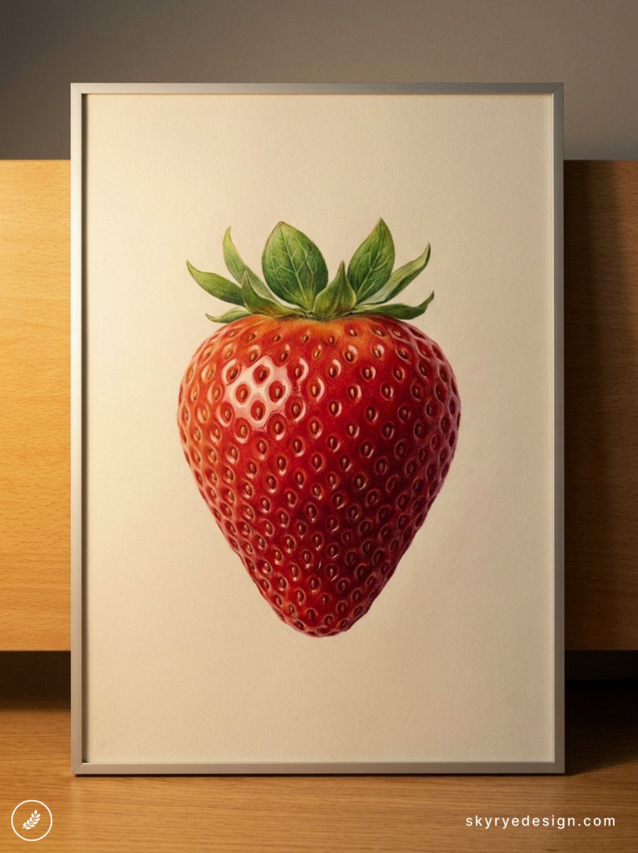 Framed realistic strawberry illustration print on paper, high-detail red berry art against wood backdrop