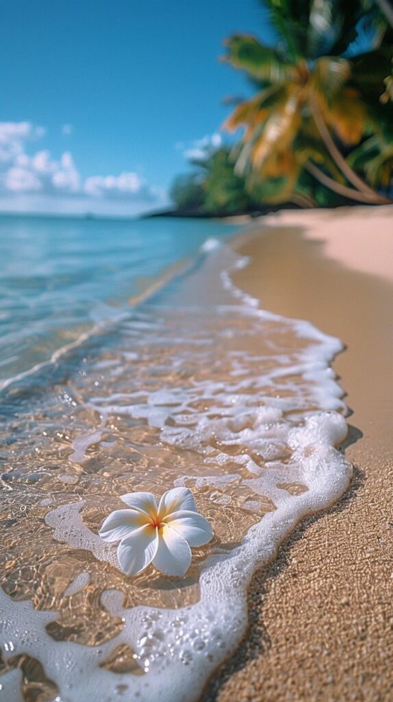 Tropical beach scene with a frangipani flower on sandy shore, waves gently lapping under a clear blue sky.
