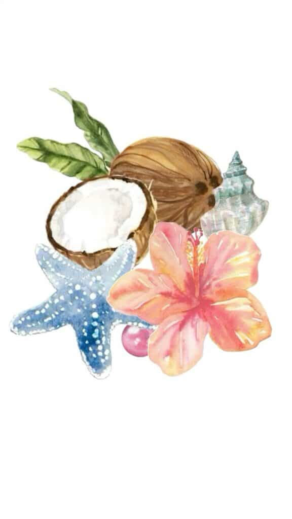 Watercolor tropical elements with coconut, hibiscus, starfish, and seashell on white background.