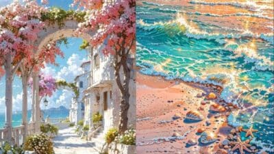 Charming seaside village path with blooming flowers; vibrant beach scene with shells and starfish by the ocean.