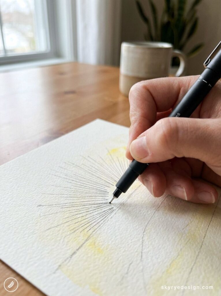 Hand sketching radiating lines with black fineliner on textured watercolor paper at wooden desk with coffee mug