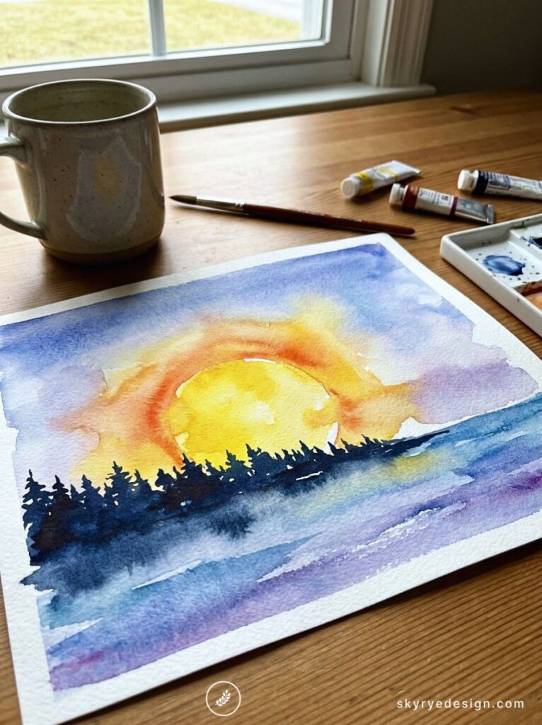 Watercolor sunset painting with silhouetted pine treeline on wooden table, paintbrush, tubes and coffee mug nearby
