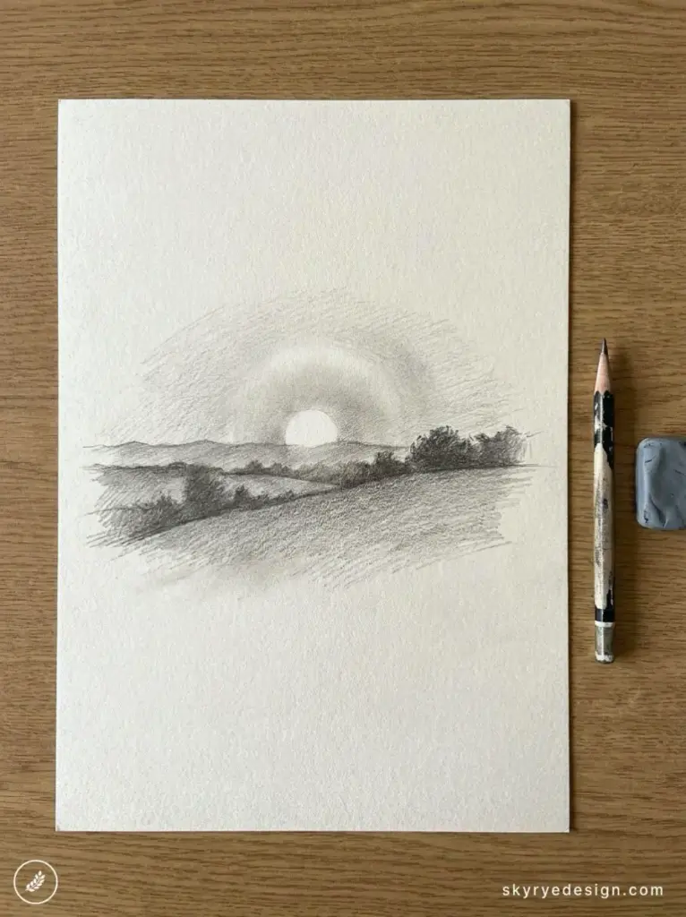 Pencil sketch of sunrise over rolling hills on textured paper, with pencil and eraser on a wooden table