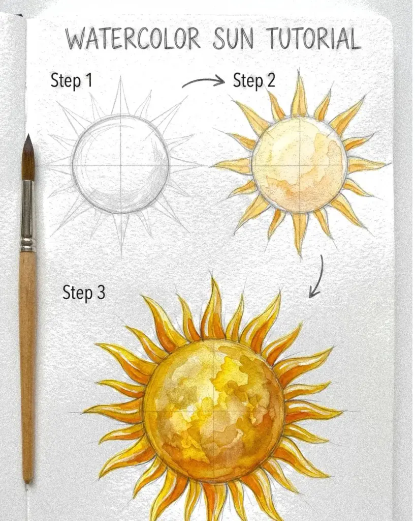 Watercolor sun tutorial: step-by-step pencil sketch to painted sun with brush on textured paper