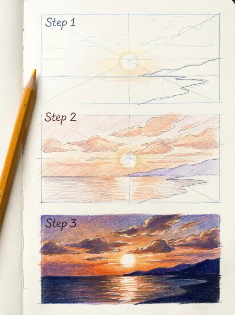 Sunset drawing tutorial: colored pencil step-by-step seascape sketches to finished sunset over ocean