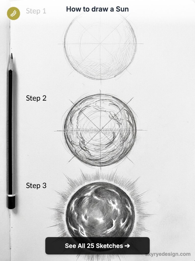 Pencil tutorial: three-stage sun drawing - rough circle, textured surface, shaded glowing sun with pencil