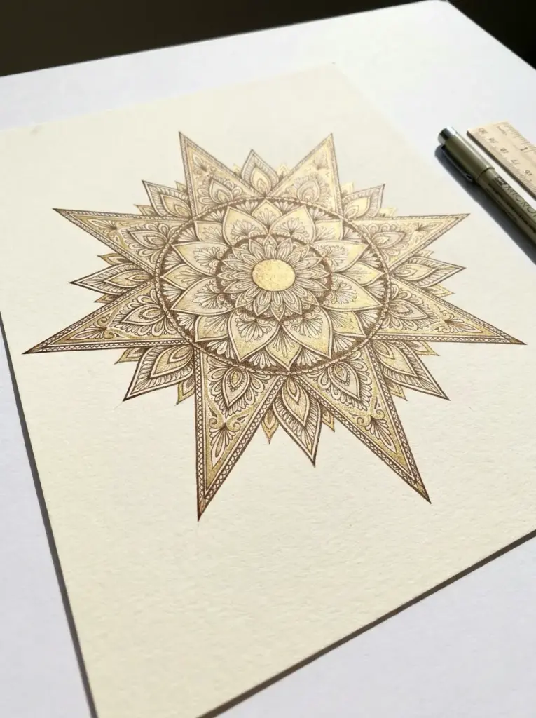Intricate hand-drawn gold mandala star illustration on textured paper with pens and ruler