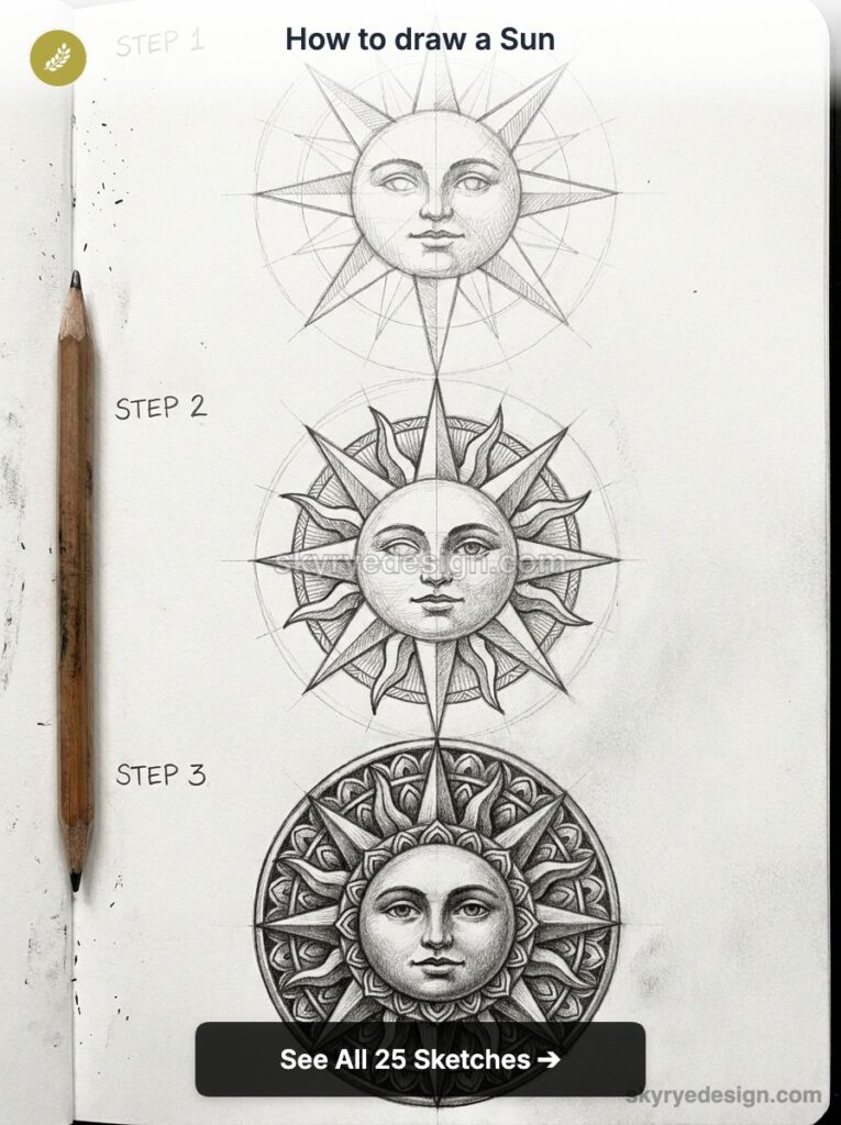 How to draw a sun: step-by-step pencil sketches of a decorative sun face in a sketchbook with pencil.